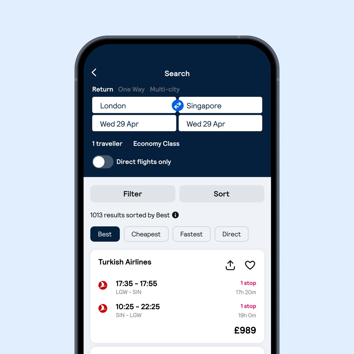 Smartphone showing flights search results on Skyscanner.net