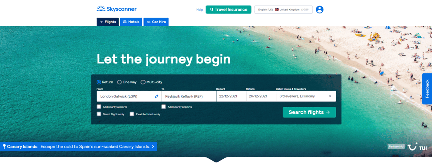 TUI advertising holidays to the Canary Islands on our homepage