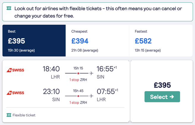 A flexible ticket option in the flight search results page, showing a traveller that this flight can be cancelled or changed for free