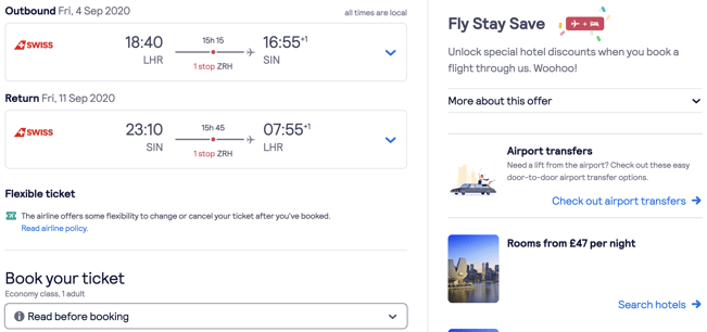 A flight booking panel showing the outbound and return date and time, with the flexible airline policy underneath. 