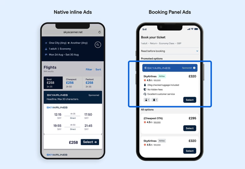Smartphones showing a comparison between Native Inline Ads and Booking Panel Ads