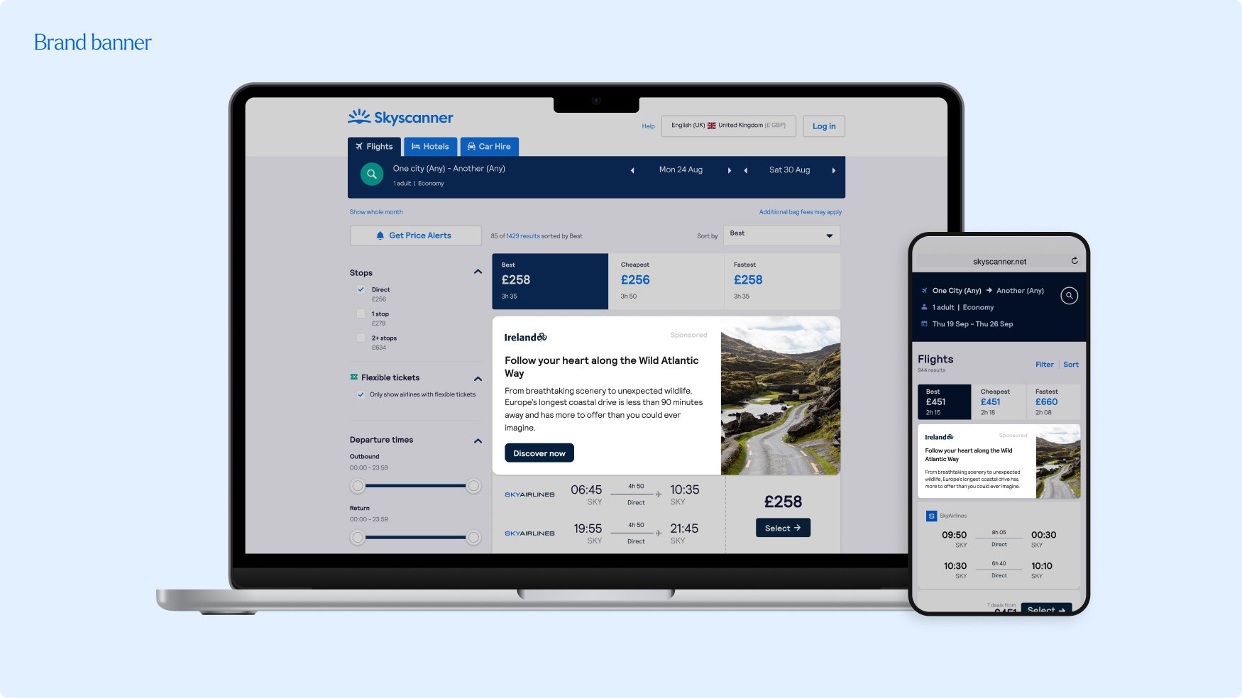 Mockup of Brand banner placement on Skyscanner