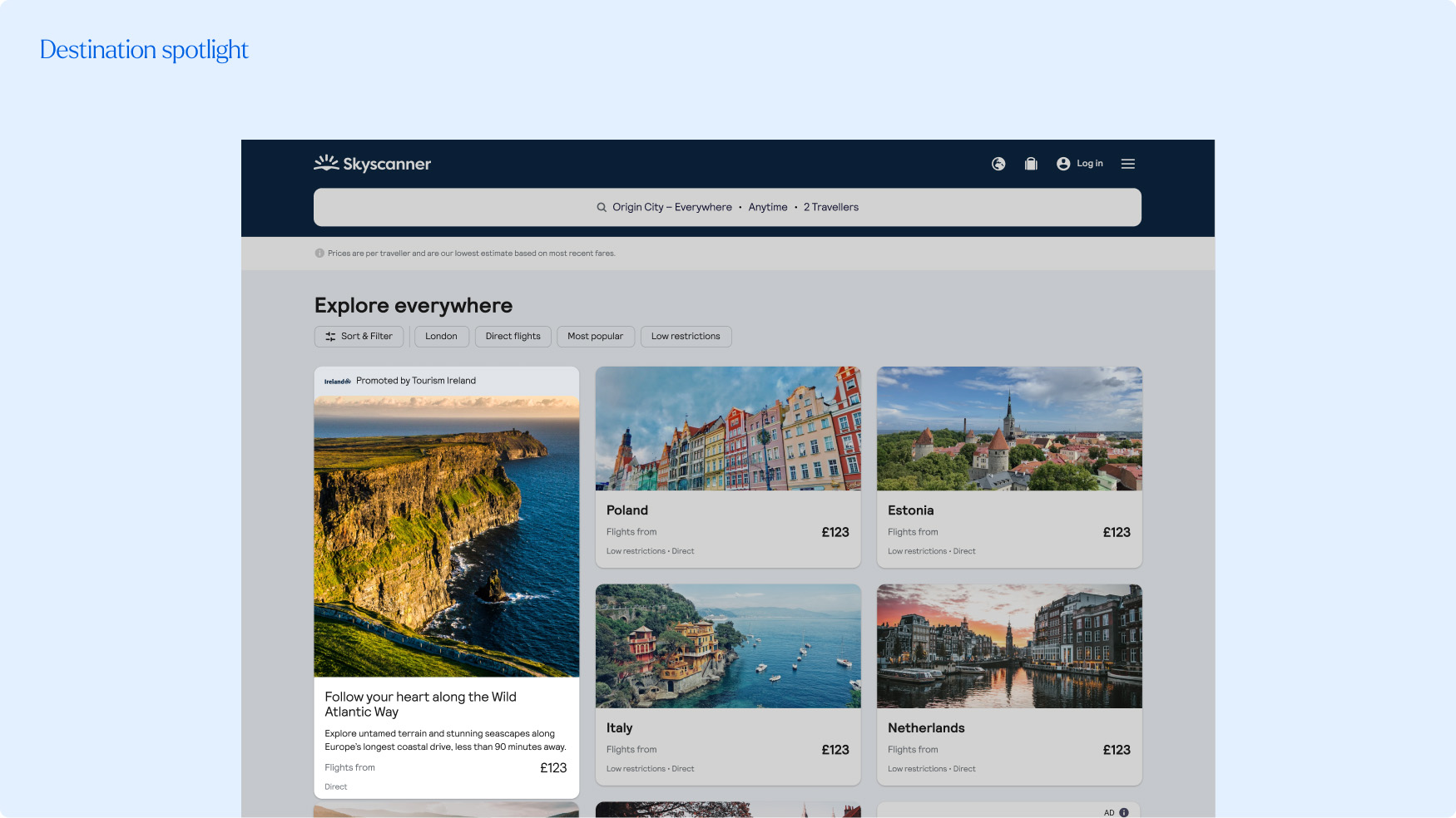 Mockup of Destination Spotlight placement on Skyscanner